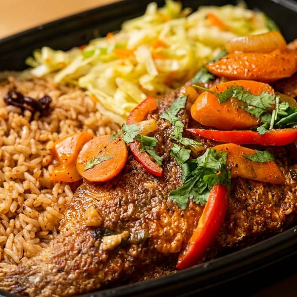 Seasoned whole fish topped with vegetables, served with rice and shredded cabbage in a takeout container.