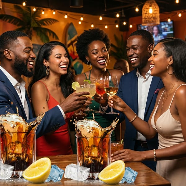 Smiling friends toast drinks at a lively bar, with 'Meet & Mingle' event posters and cocktails.