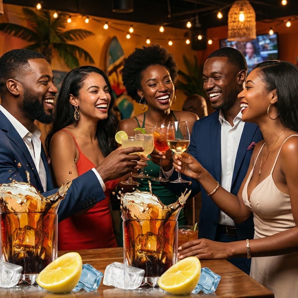 Smiling friends toast drinks at a lively bar, with 'Meet & Mingle' event posters and cocktails.
