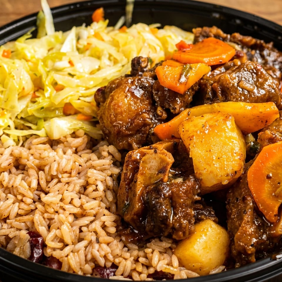 Stewed oxtail with rice and peas and cabbage in a black bowl on a wooden table.