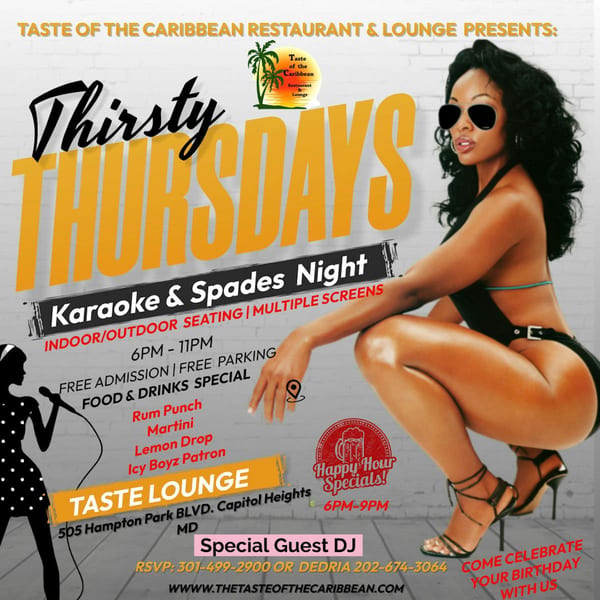 Promotional flyer for Taste of the Caribbean's Thirsty Thursdays, featuring a woman in a swimsuit, karaoke, and drink specials.