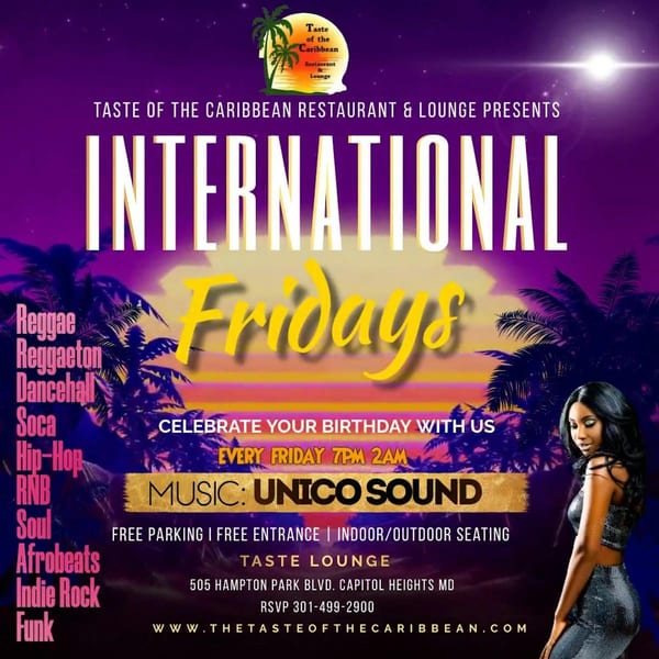 International Fridays flyer for Taste of the Caribbean, with a woman, palm trees, and event details on a purple sunset.