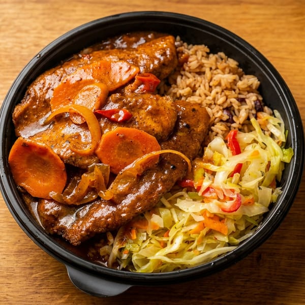 Rich stewed chicken or fish with carrots, rice and peas, and cabbage slaw in a black bowl.