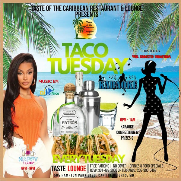 Promotional flyer for Taco Tuesday and Karaoke, featuring a woman, tacos, tequila, and a beach scene.